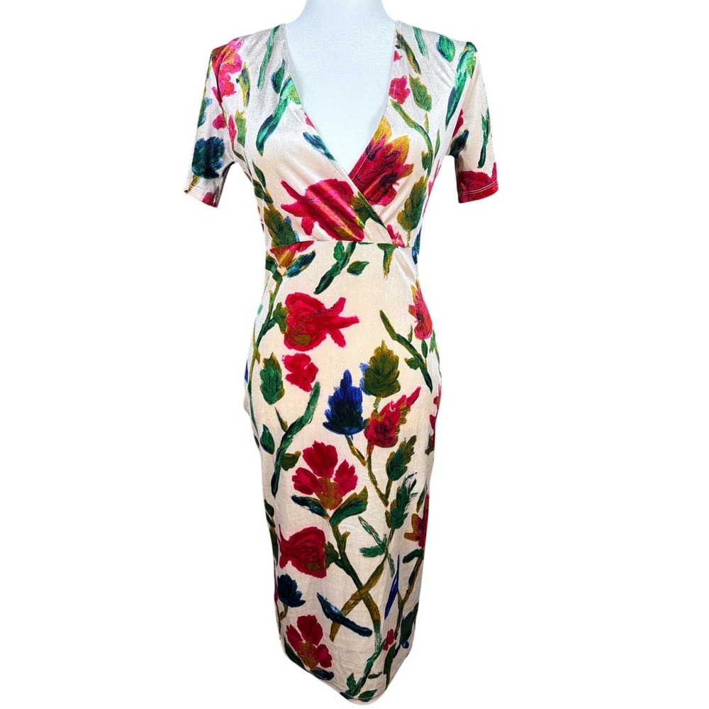 Zara Trafaluc Floral Velvet Midi Dress V-Neck Short Sleeve Cream Red Small‎